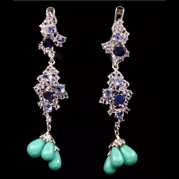 Artist created, stamped 925 Jewelry - Glamorous Genuine Sapphire Turquoise Earrings